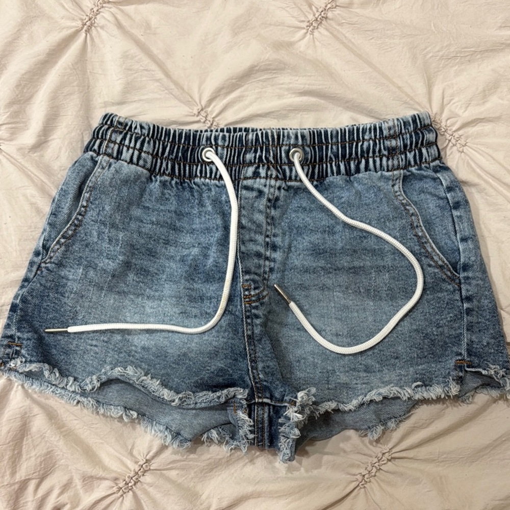 Kendall & Kylie Blue Jean Shorts with Distressed Hem and Elastic Waistband